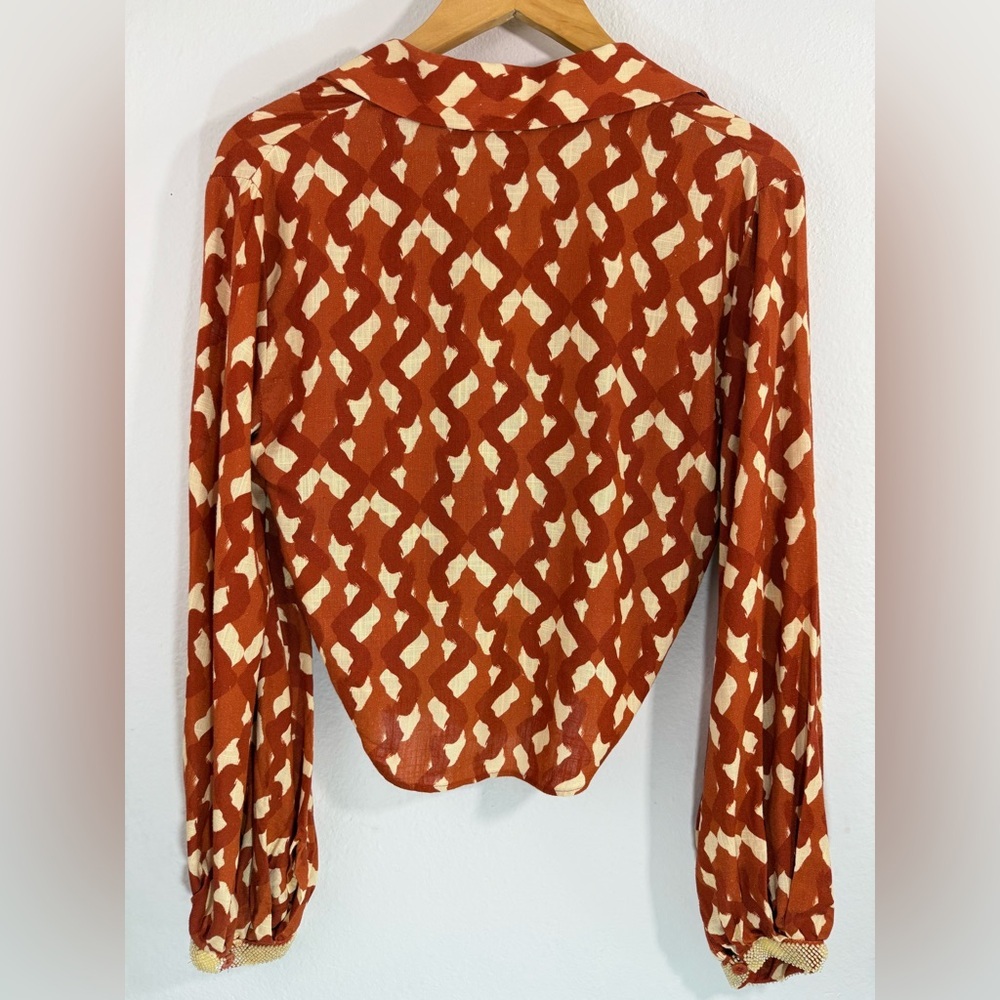 Zara Small Terracotta Print Linen Blend Twist Front Crop Top NWT Beaded Cuffs - Picture 9 of 16